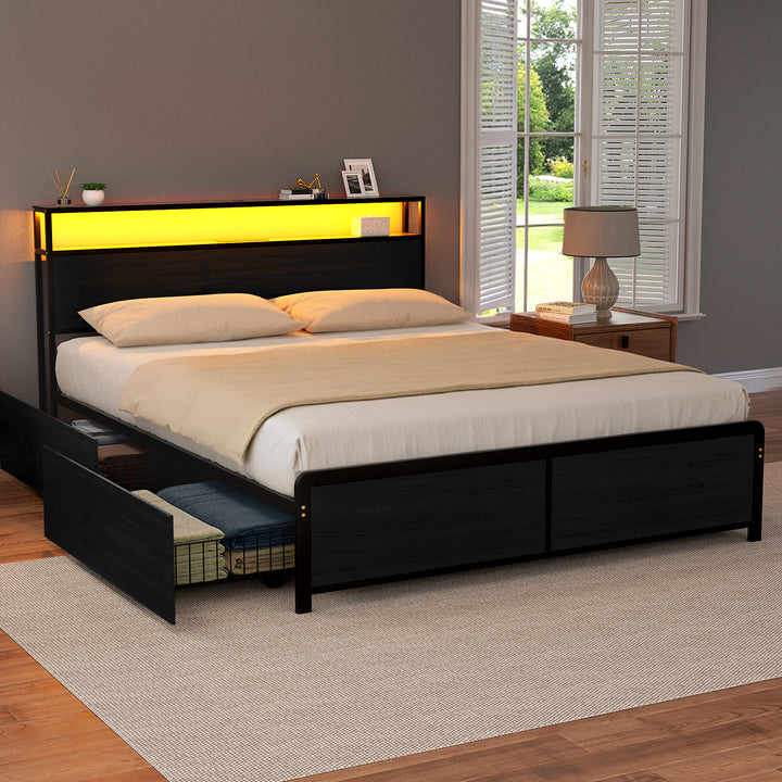 Sky Black Queen Metal Bed Frame – 4 Storage Drawers | RGB LED | Built-In USB Charging | 300kg - Greenora Living