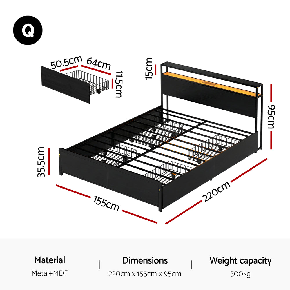 Sky Black Queen Metal Bed Frame – 4 Storage Drawers | RGB LED | Built-In USB Charging | 300kg - Greenora Living