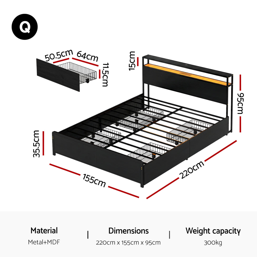 Sky Black Queen Metal Bed Frame – 4 Storage Drawers | RGB LED | Built-In USB Charging | 300kg - Greenora Living