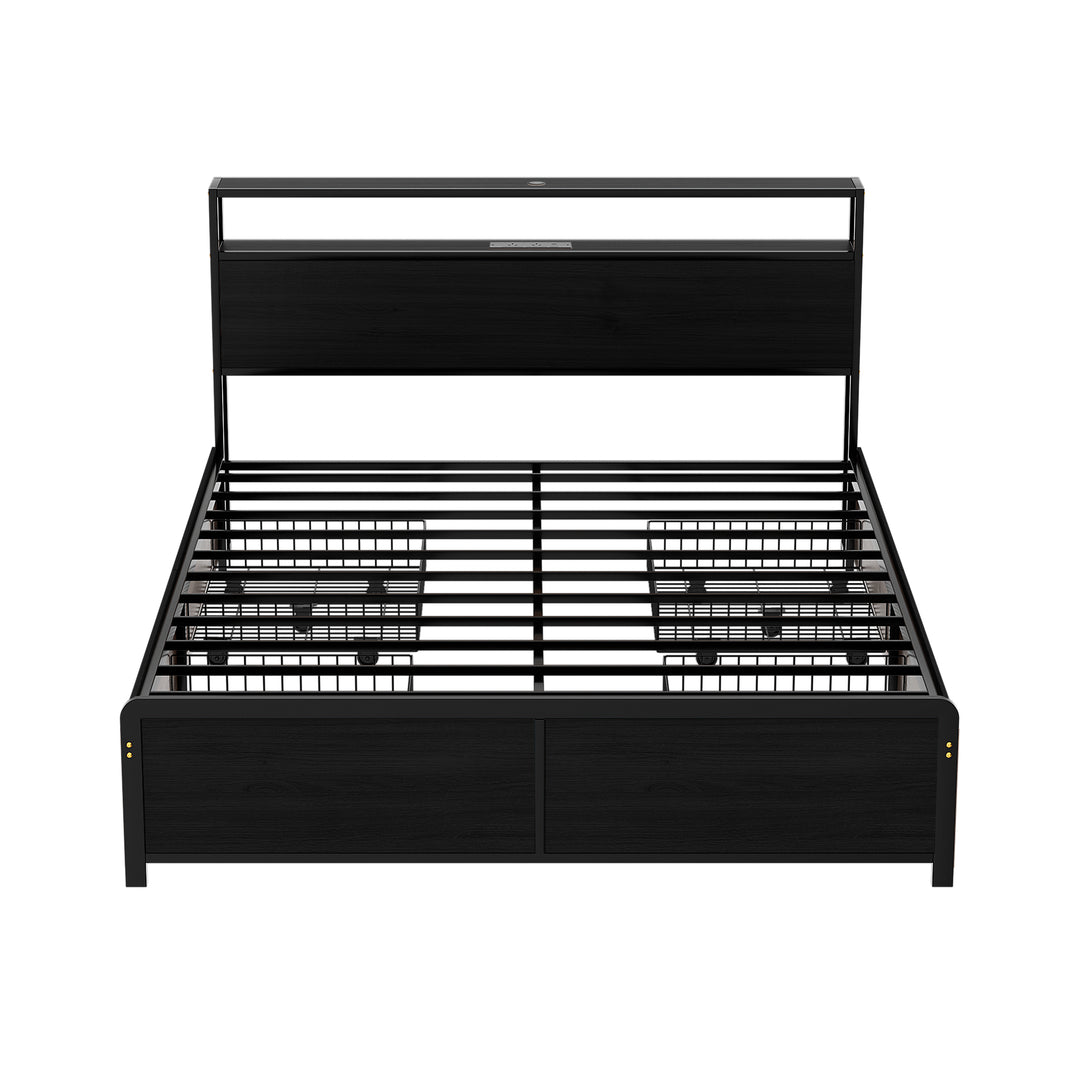Sky Black Queen Metal Bed Frame – 4 Storage Drawers | RGB LED | Built-In USB Charging | 300kg - Greenora Living