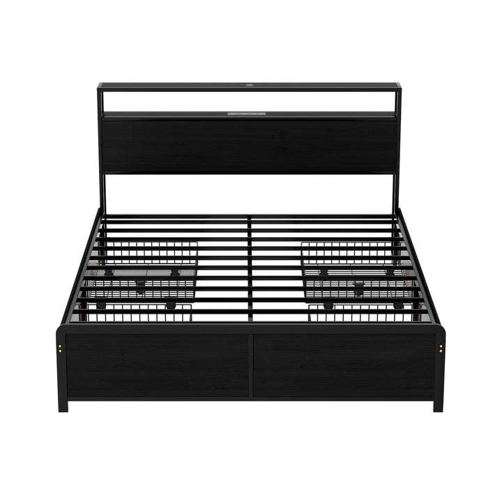 Sky Black Queen Metal Bed Frame – 4 Storage Drawers | RGB LED | Built-In USB Charging | 300kg - Greenora Living