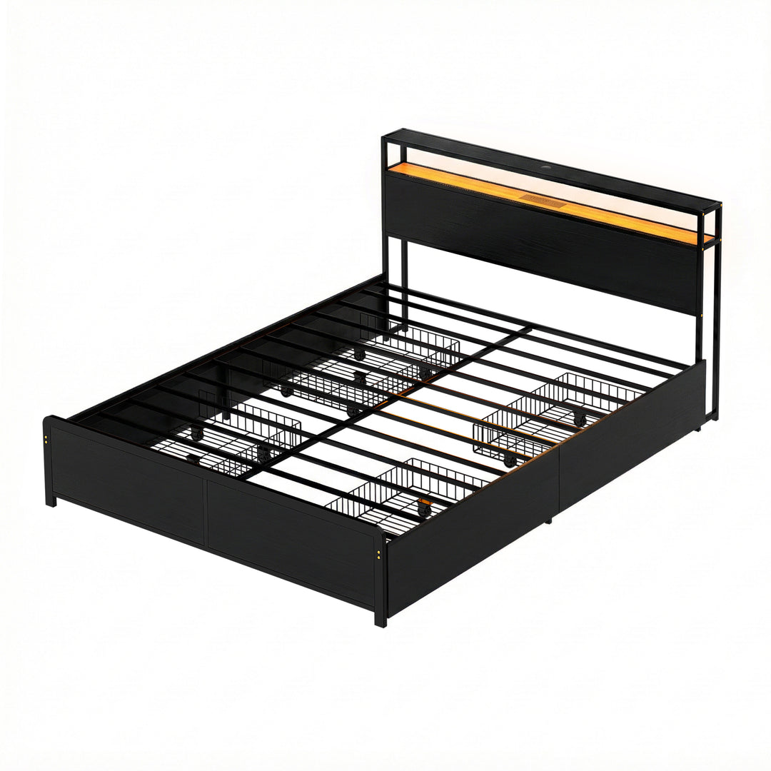 Sky Black Queen Metal Bed Frame – 4 Storage Drawers | RGB LED | Built-In USB Charging | 300kg - Greenora Living