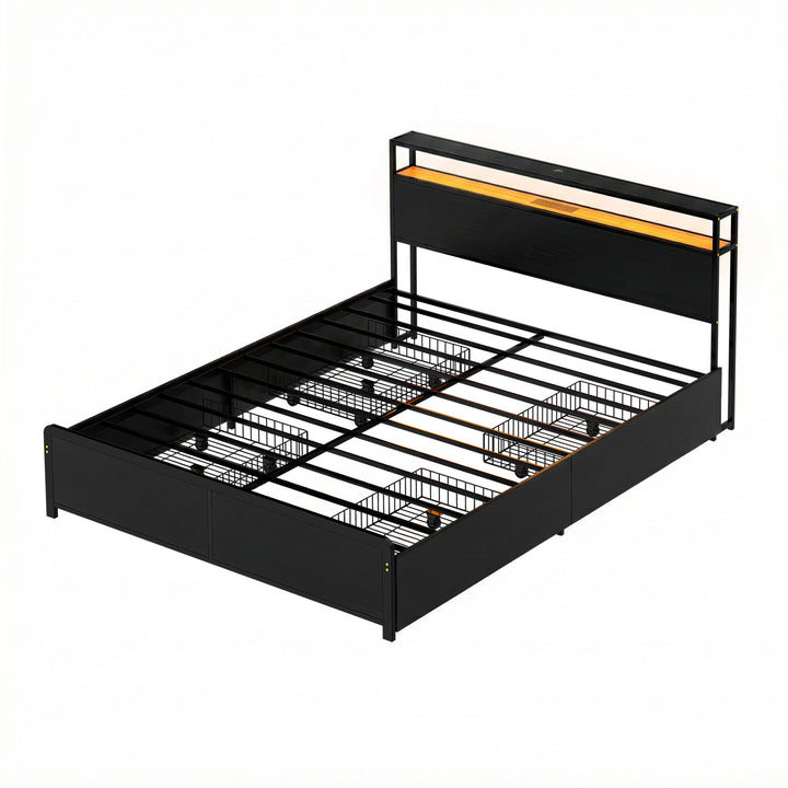 Sky Black Queen Metal Bed Frame – 4 Storage Drawers | RGB LED | Built-In USB Charging | 300kg - Greenora Living