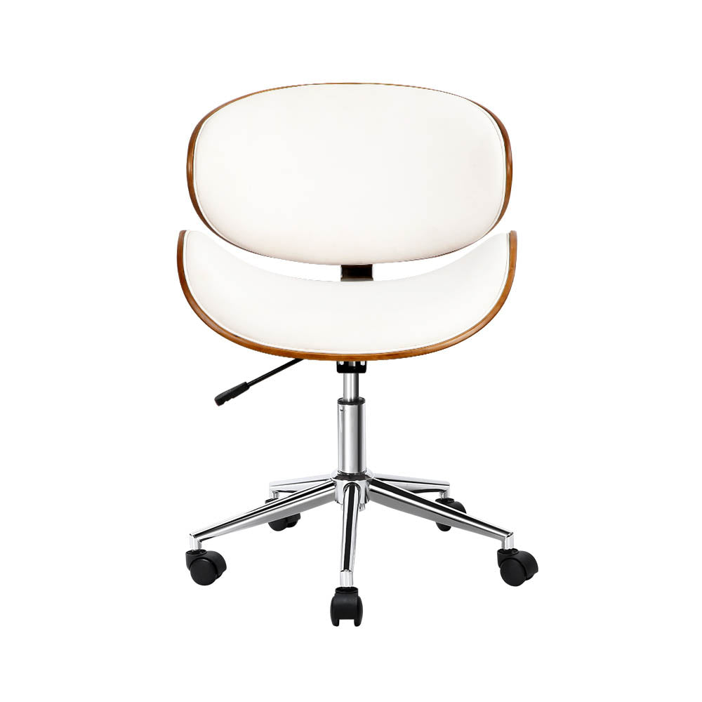 Retro Wooden Office Chair – PU Leather Winged Back | TUV Gas Lift | 360° Swivel | White &amp; Brown - Greenora Living