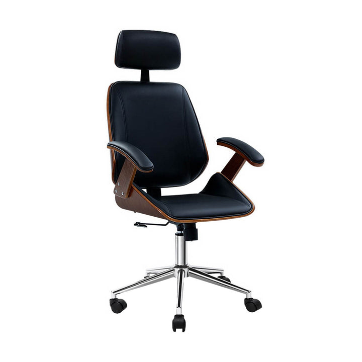 High-Back Wooden Office Chair – PU Leather TUV Gas Lift Chrome Base 120kg | Black - Greenora Living