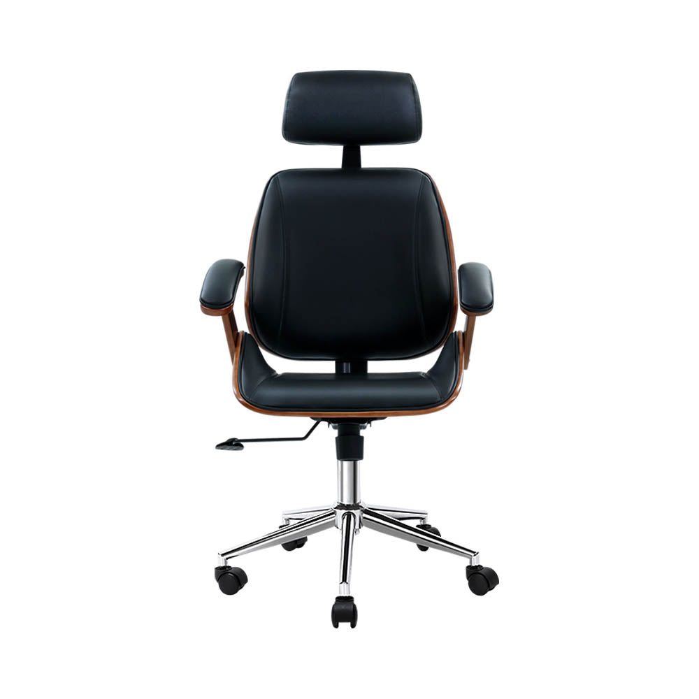 High-Back Wooden Office Chair – PU Leather TUV Gas Lift Chrome Base 120kg | Black - Greenora Living