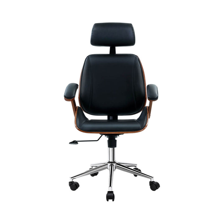 High-Back Wooden Office Chair – PU Leather TUV Gas Lift Chrome Base 120kg | Black - Greenora Living