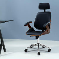 High-Back Office Chair | Black PU Leather, Wood Frame & Chrome Base | Greenora Living Australia