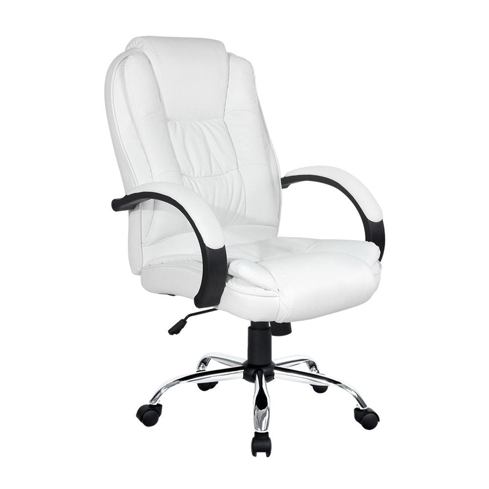 Executive High-Back Office Chair – PU Leather | Padded Headrest &amp; Armrests | Tilt &amp; Swivel | 120kg | White - Greenora Living