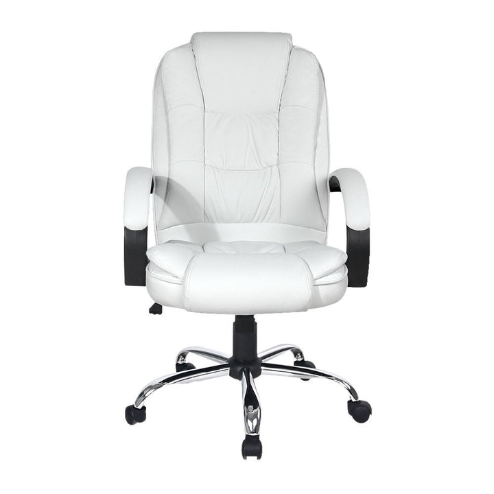 Executive High-Back Office Chair – PU Leather | Padded Headrest &amp; Armrests | Tilt &amp; Swivel | 120kg | White - Greenora Living