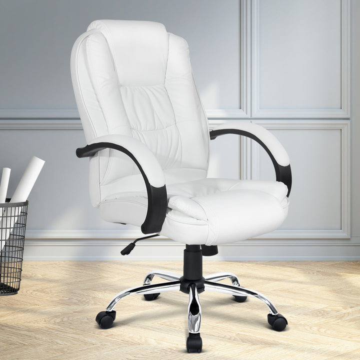 Executive High-Back Office Chair – PU Leather | Padded Headrest &amp; Armrests | Tilt &amp; Swivel | 120kg | White - Greenora Living