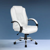 Executive High-Back Office Chair | White PU Leather, Padded Headrest & Chrome Base | Greenora Living Australia