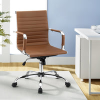 Mid-Back Office Chair | Brown PU Leather, Accessory Rack & Chrome Base | Greenora Living Australia