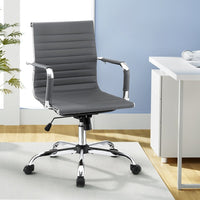 Mid-Back Office Chair | Grey PU Leather, Accessory Rack & Chrome Base | Greenora Living Australia