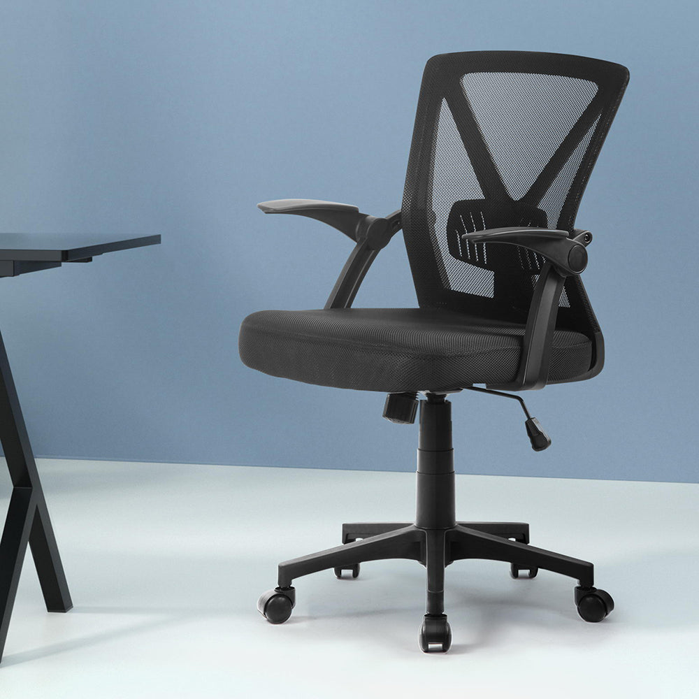 Mid-Back Mesh Office Chair – Adjustable Lumbar Support | Flip-Up Armrests | Tilt &amp; Swivel | Black - Greenora Living