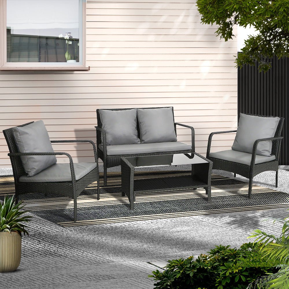 Black Wicker Outdoor Sofa Lounge Set with Coffee Table – 4 Piece