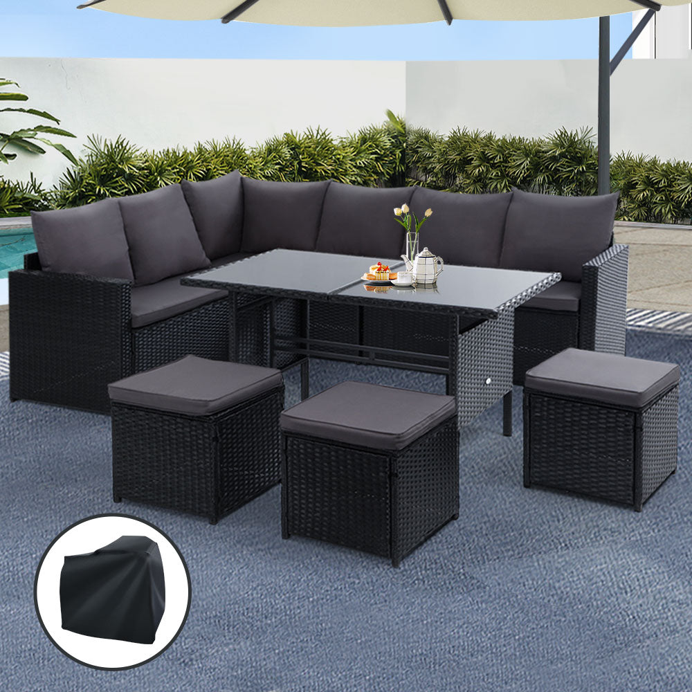 Alfresco Noir 9-Seater Outdoor Sofa Dining Set with Ottoman and Storage Cover - Greenora Living