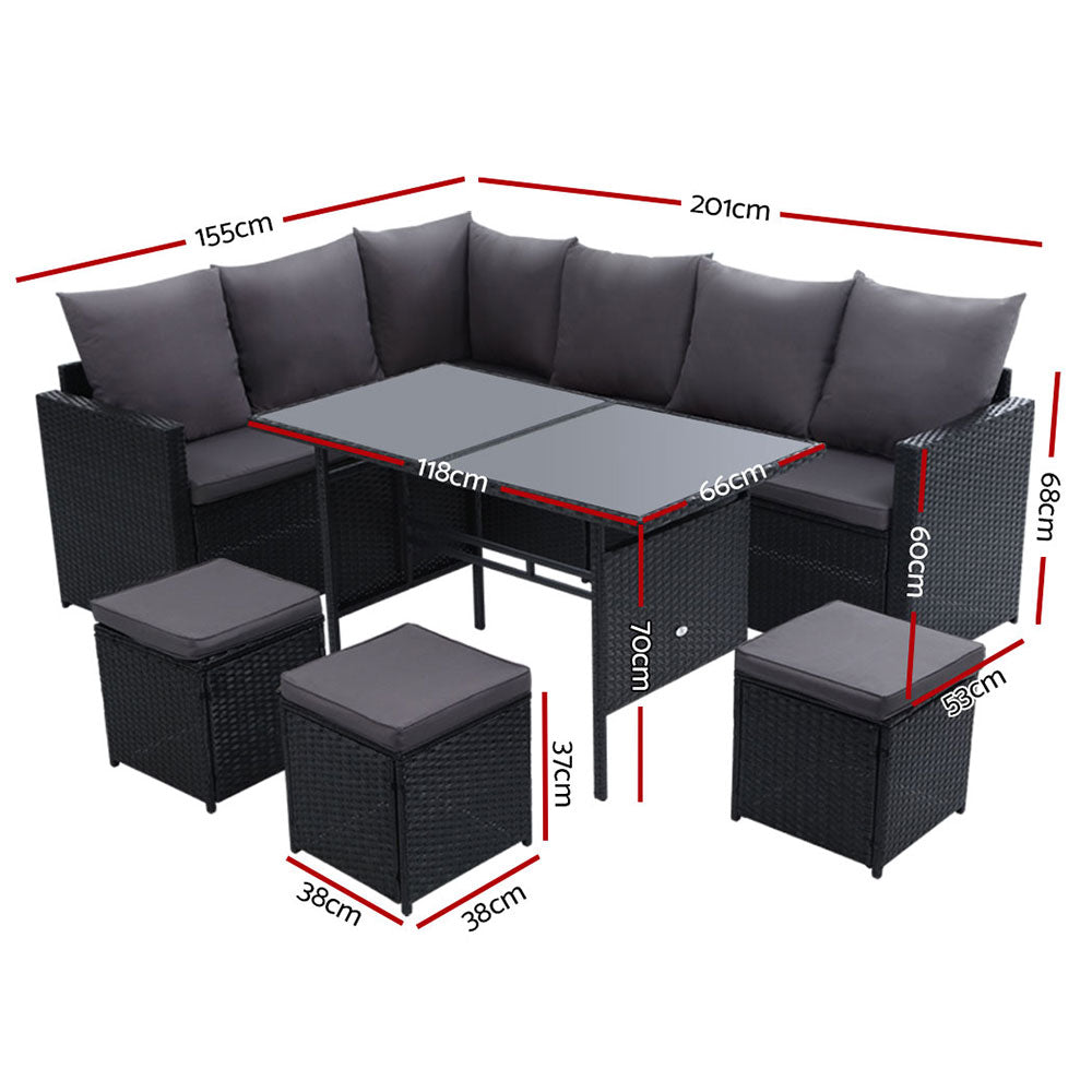 Alfresco Noir 9-Seater Outdoor Sofa Dining Set with Ottoman and Storage Cover - Greenora Living