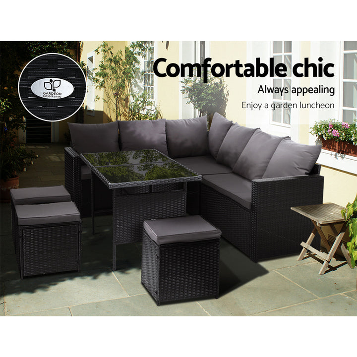 Alfresco Noir 9-Seater Outdoor Sofa Dining Set with Ottoman and Storage Cover - Greenora Living