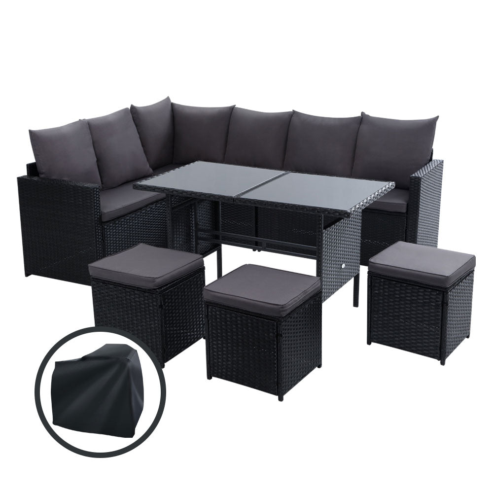 Alfresco Noir 9-Seater Outdoor Sofa Dining Set with Ottoman and Storage Cover - Greenora Living