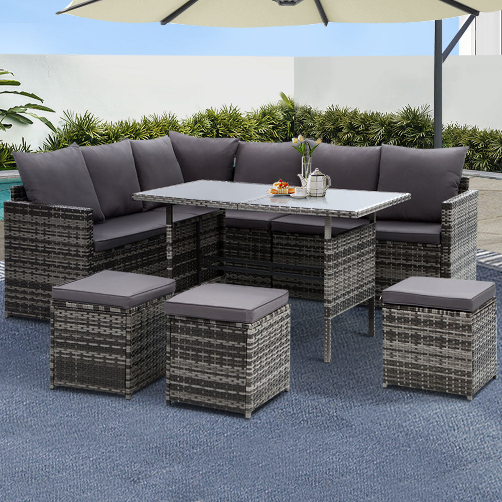 Alfresco 9-Seater Outdoor Sofa Dining Set with Ottoman and Tempered Glass Table - Greenora Living