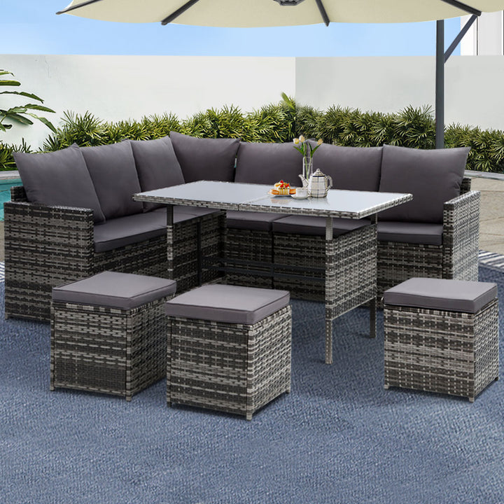 Alfresco 9-Seater Outdoor Sofa Dining Set with Ottoman and Tempered Glass Table - Greenora Living