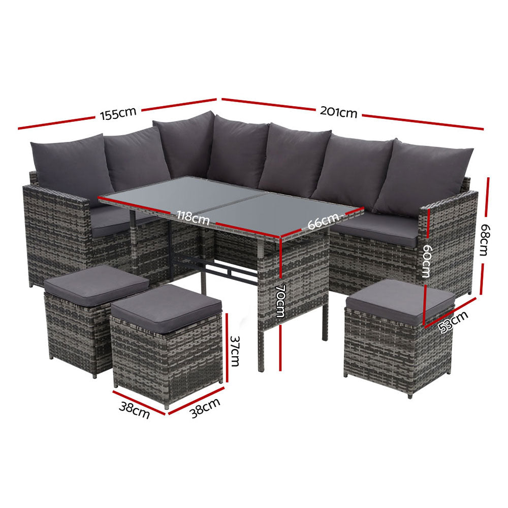 Alfresco 9-Seater Outdoor Sofa Dining Set with Ottoman and Tempered Glass Table - Greenora Living