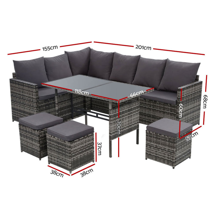 Alfresco 9-Seater Outdoor Sofa Dining Set with Ottoman and Tempered Glass Table - Greenora Living