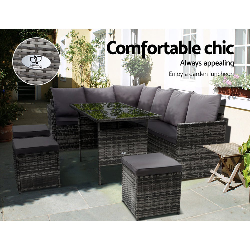 Alfresco 9-Seater Outdoor Sofa Dining Set with Ottoman and Tempered Glass Table - Greenora Living