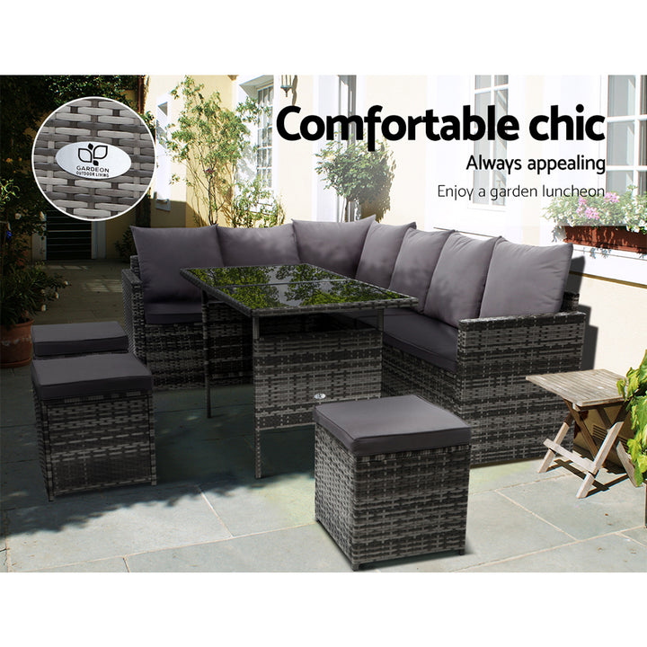 Alfresco 9-Seater Outdoor Sofa Dining Set with Ottoman and Tempered Glass Table - Greenora Living