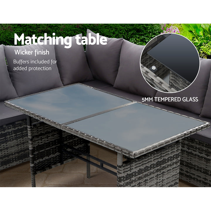 Alfresco 9-Seater Outdoor Sofa Dining Set with Ottoman and Tempered Glass Table - Greenora Living