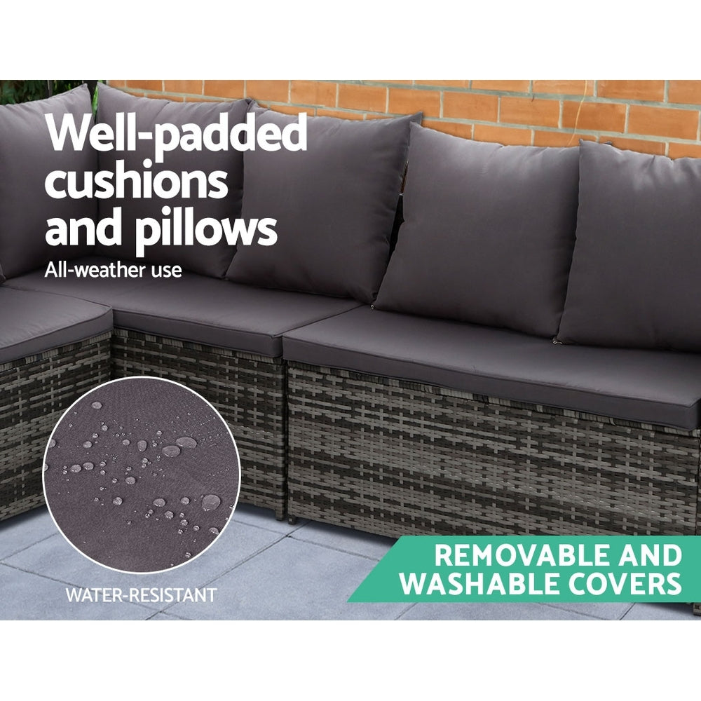 Alfresco 9-Seater Outdoor Sofa Dining Set with Ottoman and Tempered Glass Table - Greenora Living