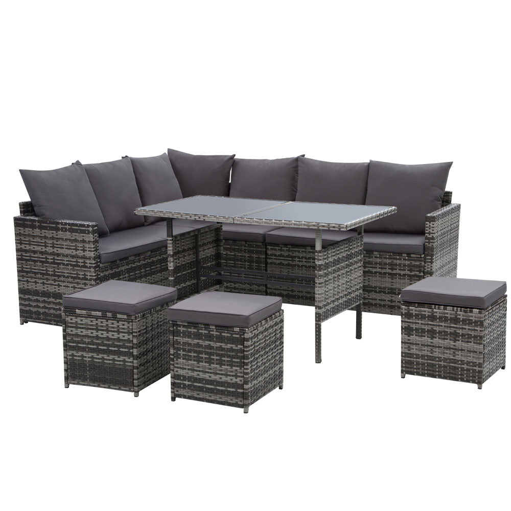 Alfresco 9-Seater Outdoor Sofa Dining Set with Ottoman and Tempered Glass Table - Greenora Living