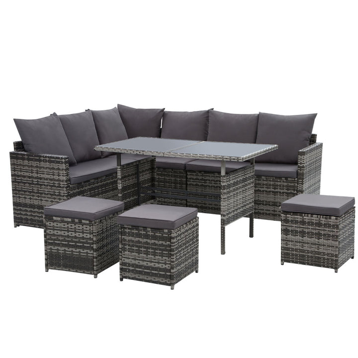 Alfresco 9-Seater Outdoor Sofa Dining Set with Ottoman and Tempered Glass Table - Greenora Living