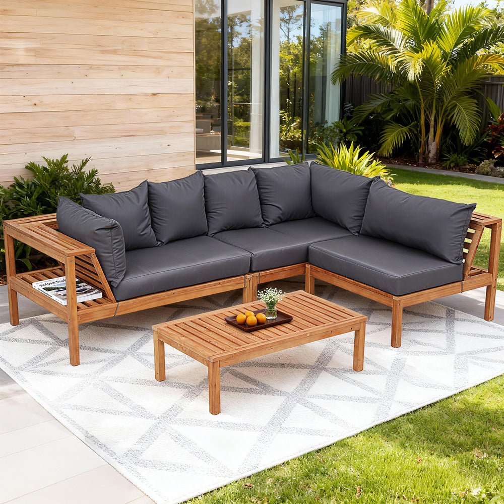 Timber Lounge 5-Seater Outdoor Sofa Set with Coffee Table and Grey Cushions - Greenora Living