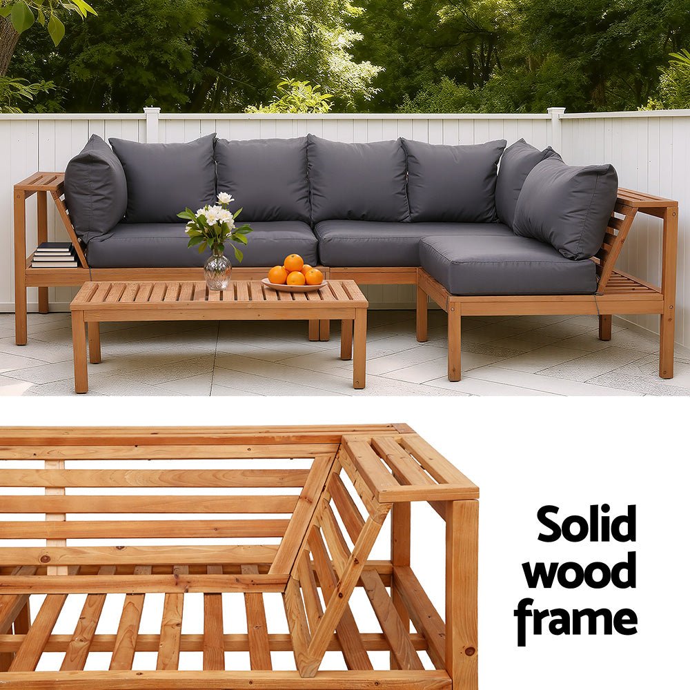 Timber Lounge 5-Seater Outdoor Sofa Set with Coffee Table and Grey Cushions - Greenora Living
