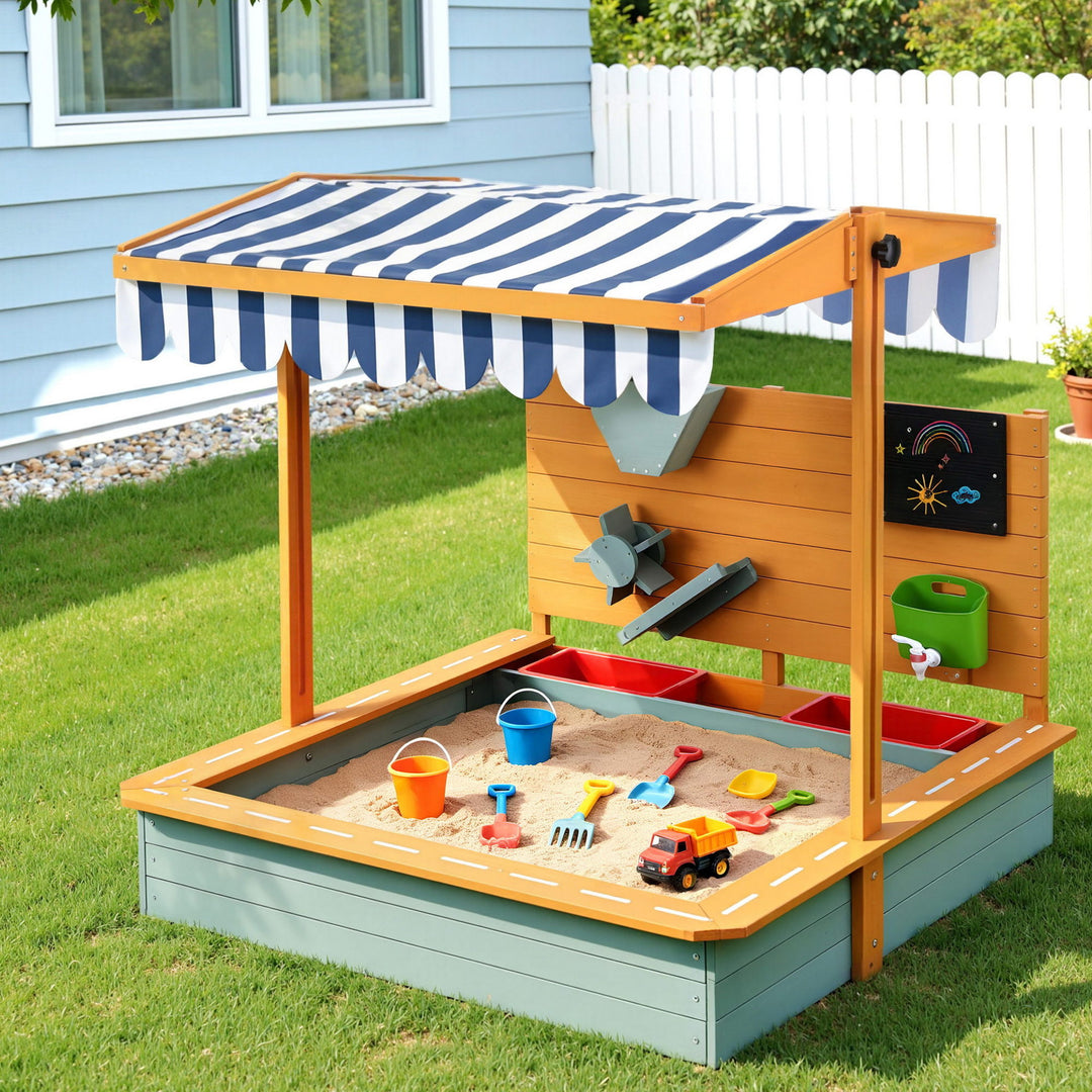 Kids Wooden Sandpit with UV Canopy & Accessories – 110cm Green - Greenora Living