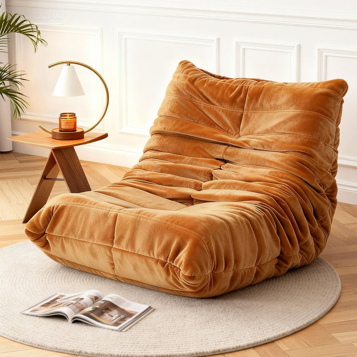 Cocoon Brown Velvet Floor Lounge Chair – Quilted Caterpillar Design | High-Density Foam | No Assembly Required - Greenora Living