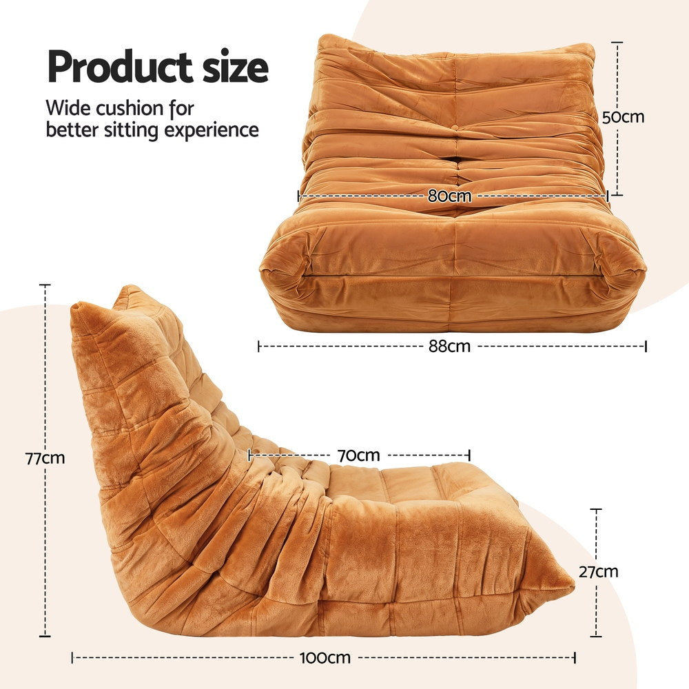 Cocoon Brown Velvet Floor Lounge Chair – Quilted Caterpillar Design | High-Density Foam | No Assembly Required - Greenora Living