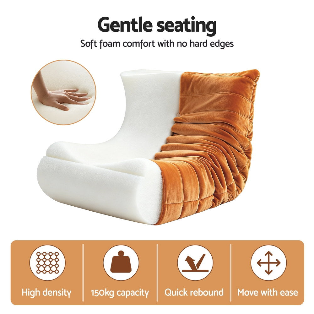 Cocoon Brown Velvet Floor Lounge Chair – Quilted Caterpillar Design | High-Density Foam | No Assembly Required - Greenora Living