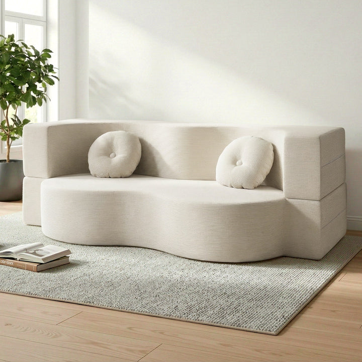 Corduroy Rest Convertible Sofa Bed with Armrests and 2 Pillows in Beige - Greenora Living
