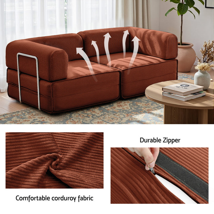 Corduroy Fold 2-Seater Convertible Sofa Bed with Steel Frame in Orange - Greenora Living