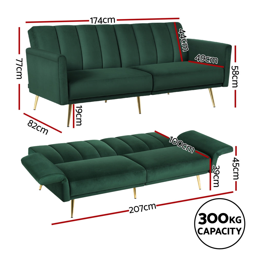 Emerald Stripe 3-Seater Velvet Sofa Bed – Adjustable Armrests & 3 Backrest Positions - Greenora Living