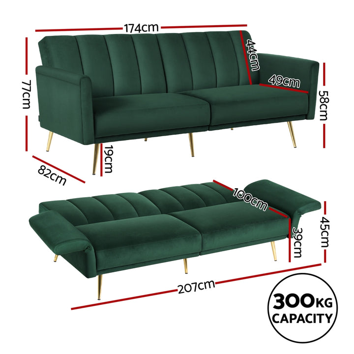 Emerald Stripe 3-Seater Velvet Sofa Bed – Adjustable Armrests &amp; 3 Backrest Positions - Greenora Living