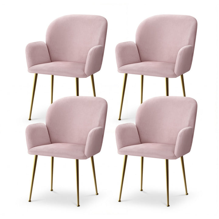 Blush Petal Set of 4 Velvet Dining Armchairs – Solid Wood Frame | High-Resilience Foam | Steel Legs | 150kg | Pink - Greenora Living
