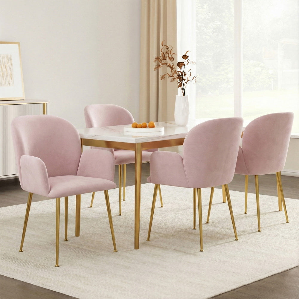 Blush Petal Set of 4 Velvet Dining Armchairs – Solid Wood Frame | High-Resilience Foam | Steel Legs | 150kg | Pink - Greenora Living