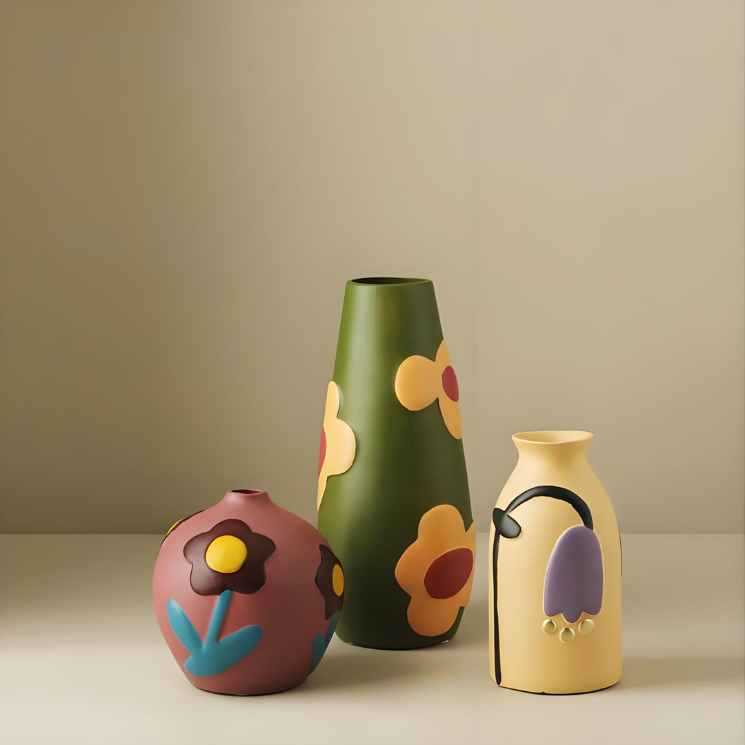 Morandi Hand-Painted Ceramic Vase Set – Nordic Minimalist Set of 3 - Greenora Living