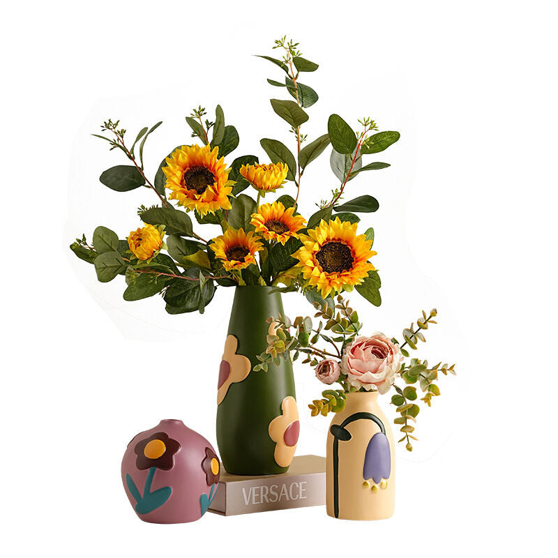 Morandi Hand-Painted Ceramic Vase Set – Nordic Minimalist Set of 3 - Greenora Living