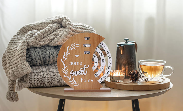 Wooden Perpetual Desk Calendar with Rotating Discs – Home Sweet Home - Greenora Living