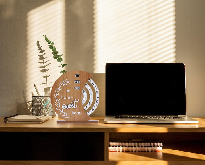 Wooden Perpetual Desk Calendar with Rotating Discs – Home Sweet Home - Greenora Living